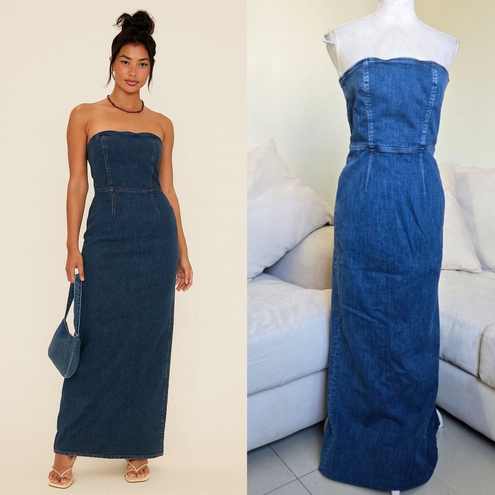 Reformation Jeans Size 4 Eugenia Blue Denim Strapless Maxi Dress Fitted Formal‎
